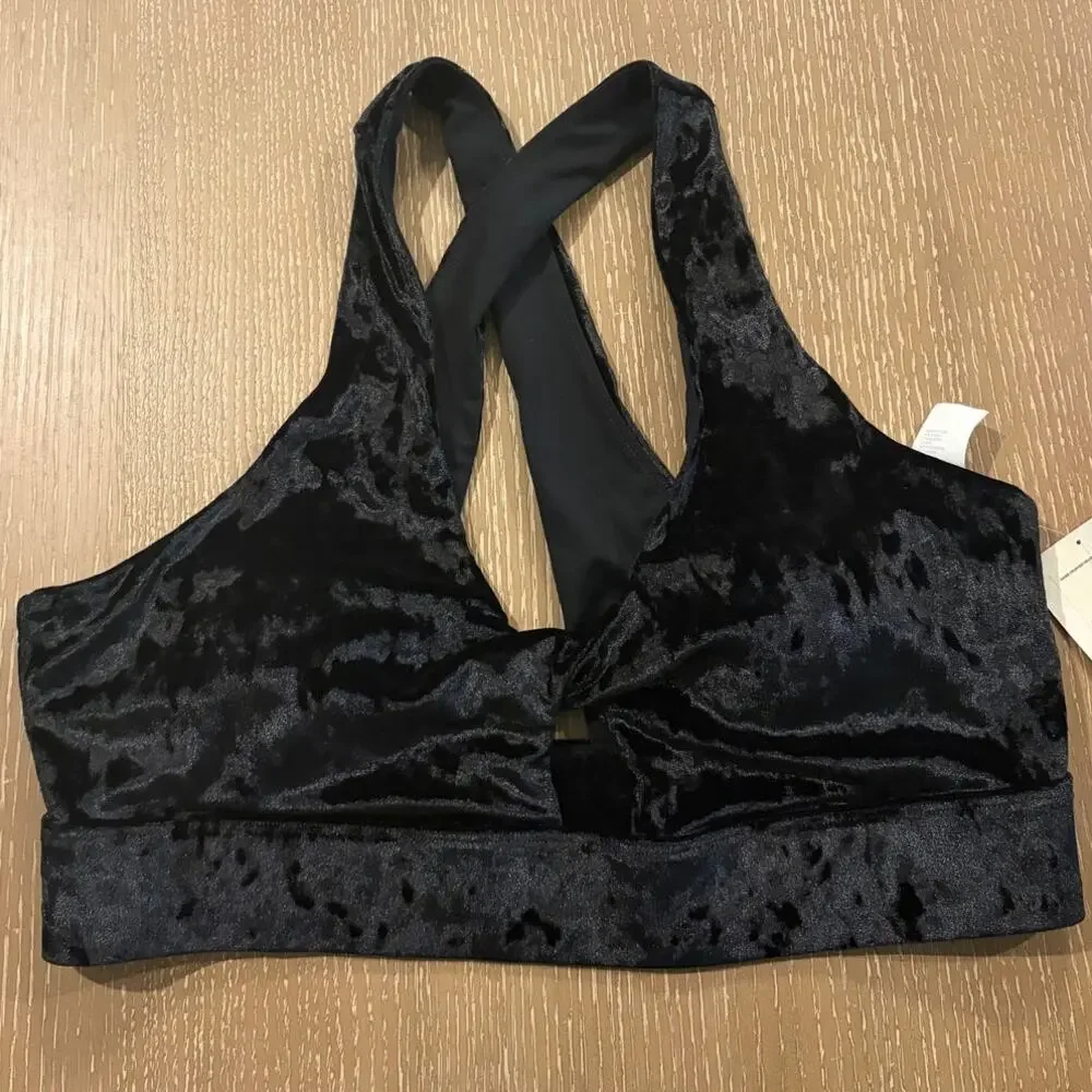 NWT Fabletics Oasis Crushed‎ Velour Twist Sports Bra in Black Sz XL